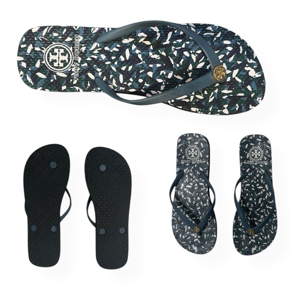 Tory Burch Black and White Patterned Flip Flops - Picture 1 of 2